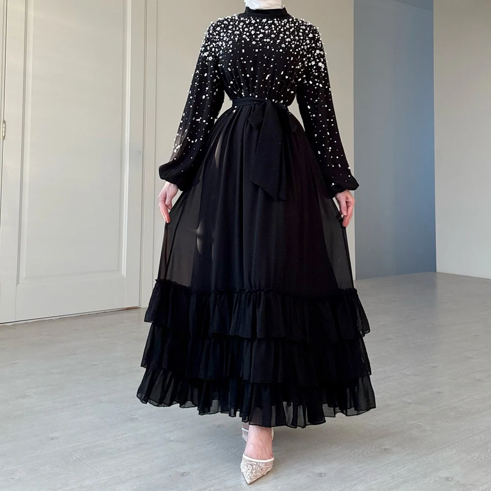 Personalizado a linha vestidos de noite tornozelo comprimento alta pescoço manga cheia vestido de baile moda miçangas cristal simples drapeado vestido de festa