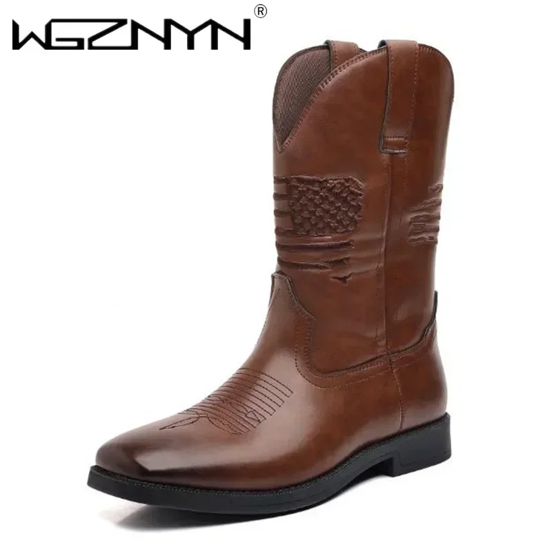 Botas de vaquero bordadas marrones de lujo, Zapatos de piel sintética, botas Retro para Hombre, botas étnicas americanas para motocicleta Plus 48 Botines Zapatos para Hombre