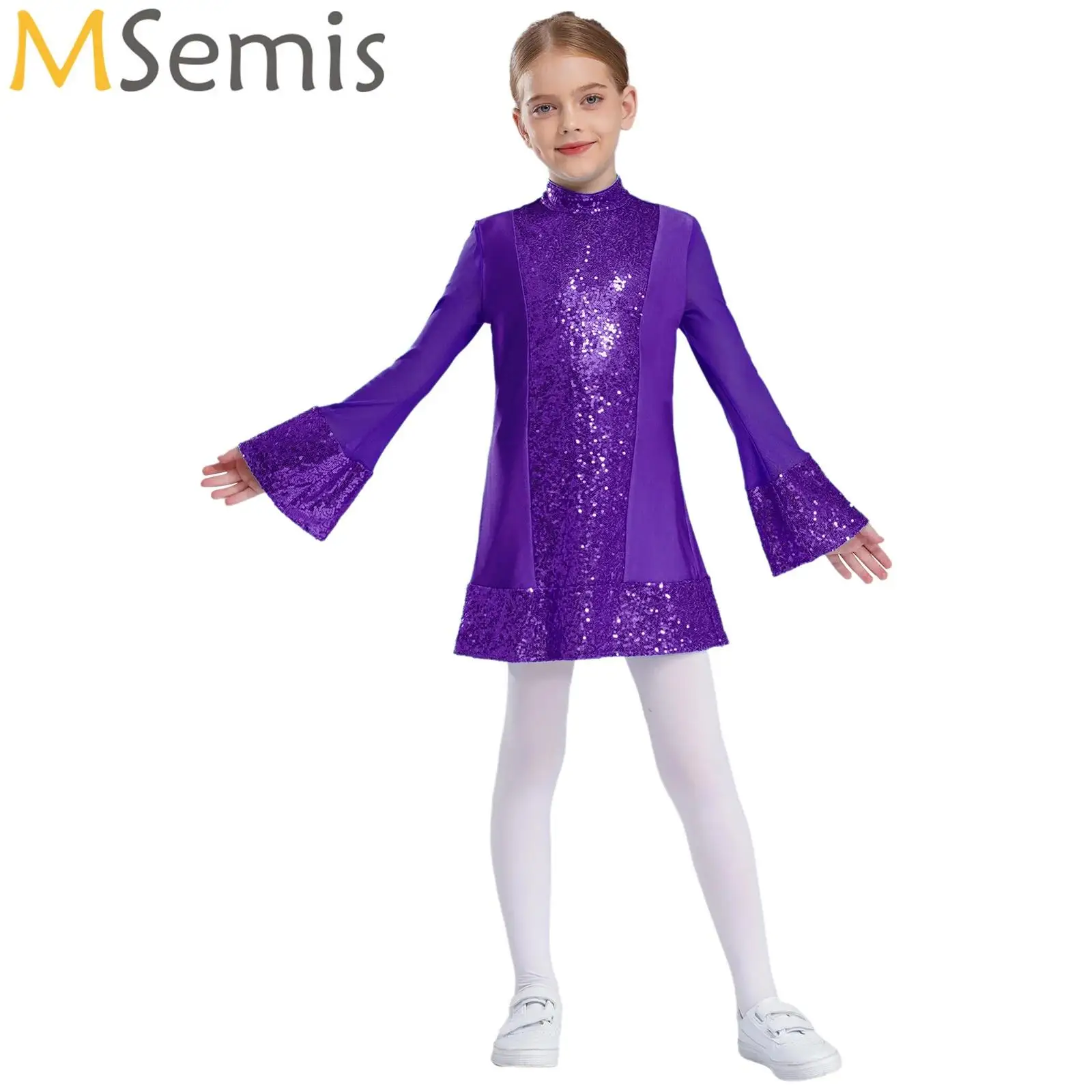 

Kids Girls Glittery Sequins Jazz Dance Dresses Flare Sleeve Modern Latin Disco Party Stage Performance Costume Dancewear