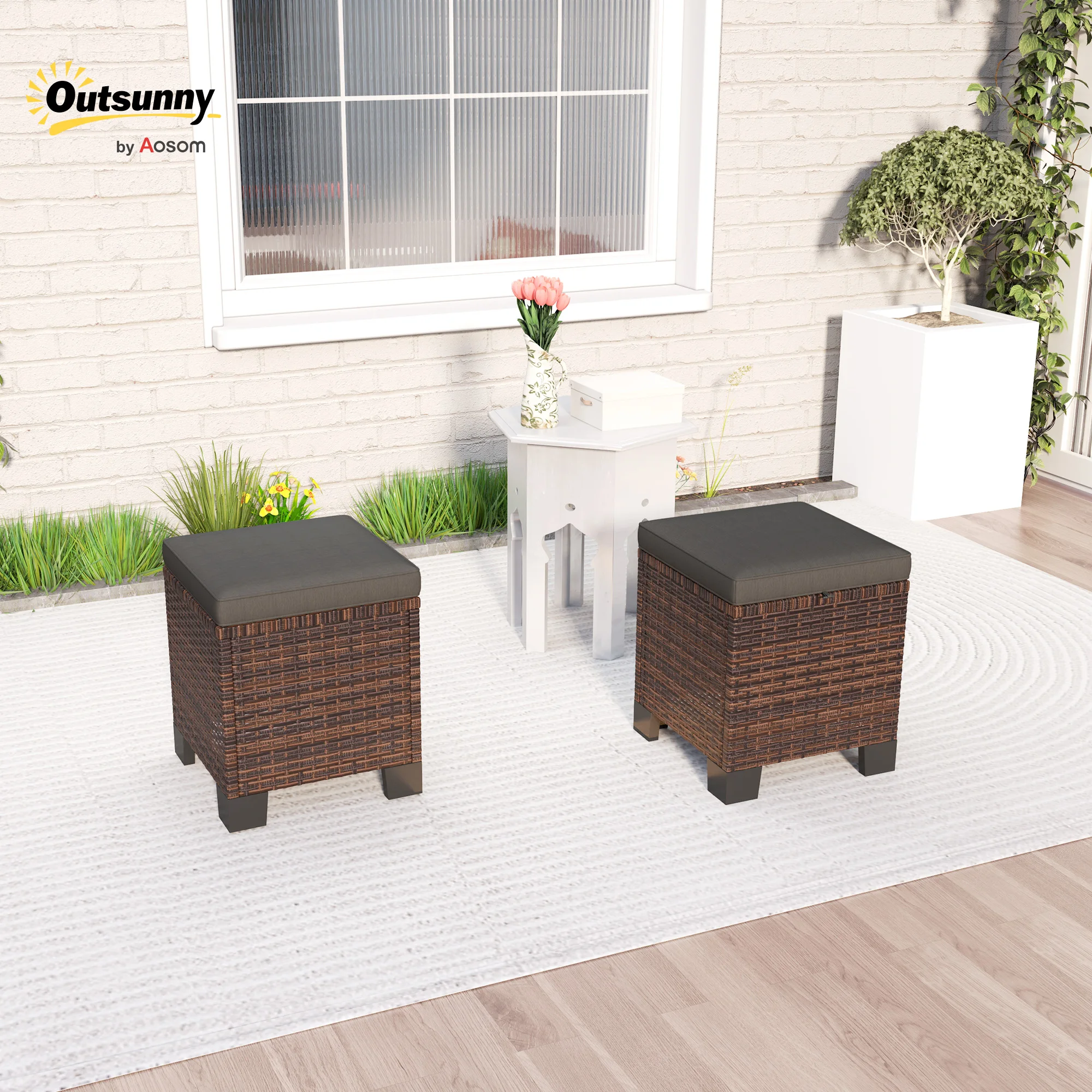 Outdoor Furniture Metal Chairs - 籐製屋外用オットマンフットスツール2個セット クッション付き グレー