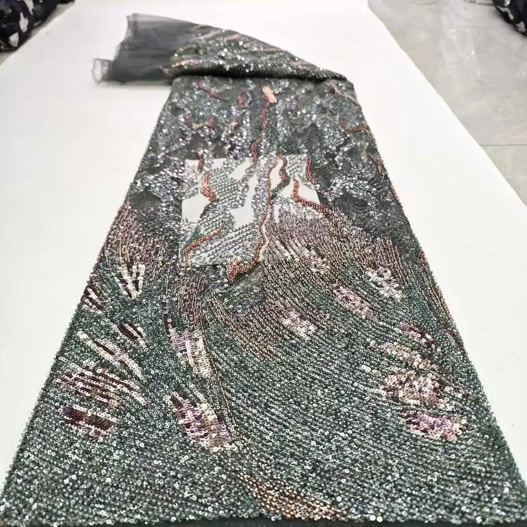 

New African French Nigerian High End 2025 New Tulle Lace Fabric With Beads Sequins Flower for Wedding Party Bride Sewing Dress