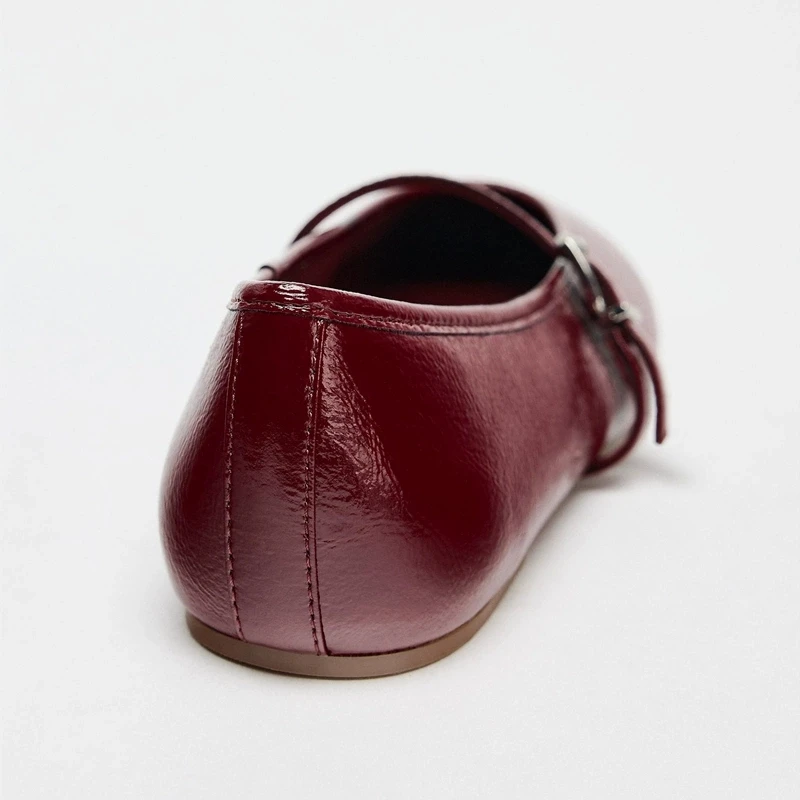 جديد إمرأة الباليه Flat oes النبيذ الأحمر براءات الاختراع والجلود تأثير مريح عادية تنوعا الشقق جولة تو المطاط تسولي #4