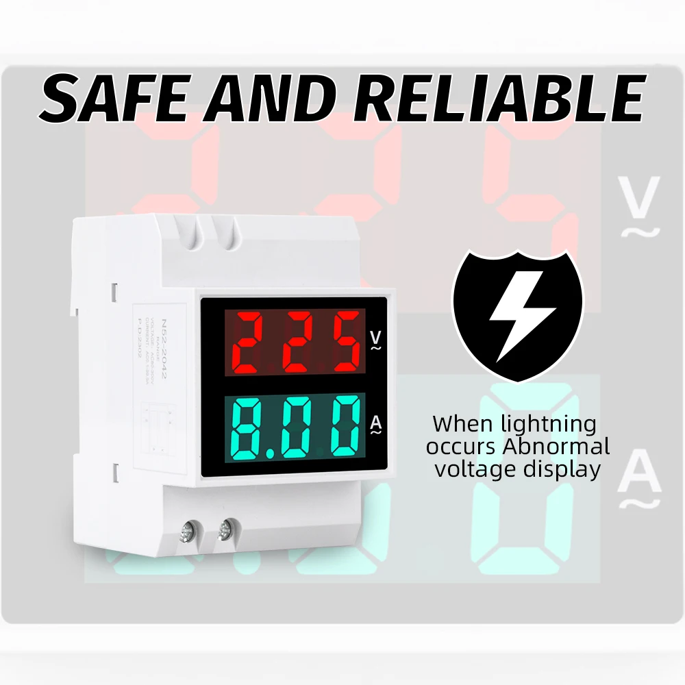 Voltmeter Ammeter DIN Rail 2 IN 1 AC 50-500V 1-63A  Led Display Voltage Display Current Display High definition an High Accuracy