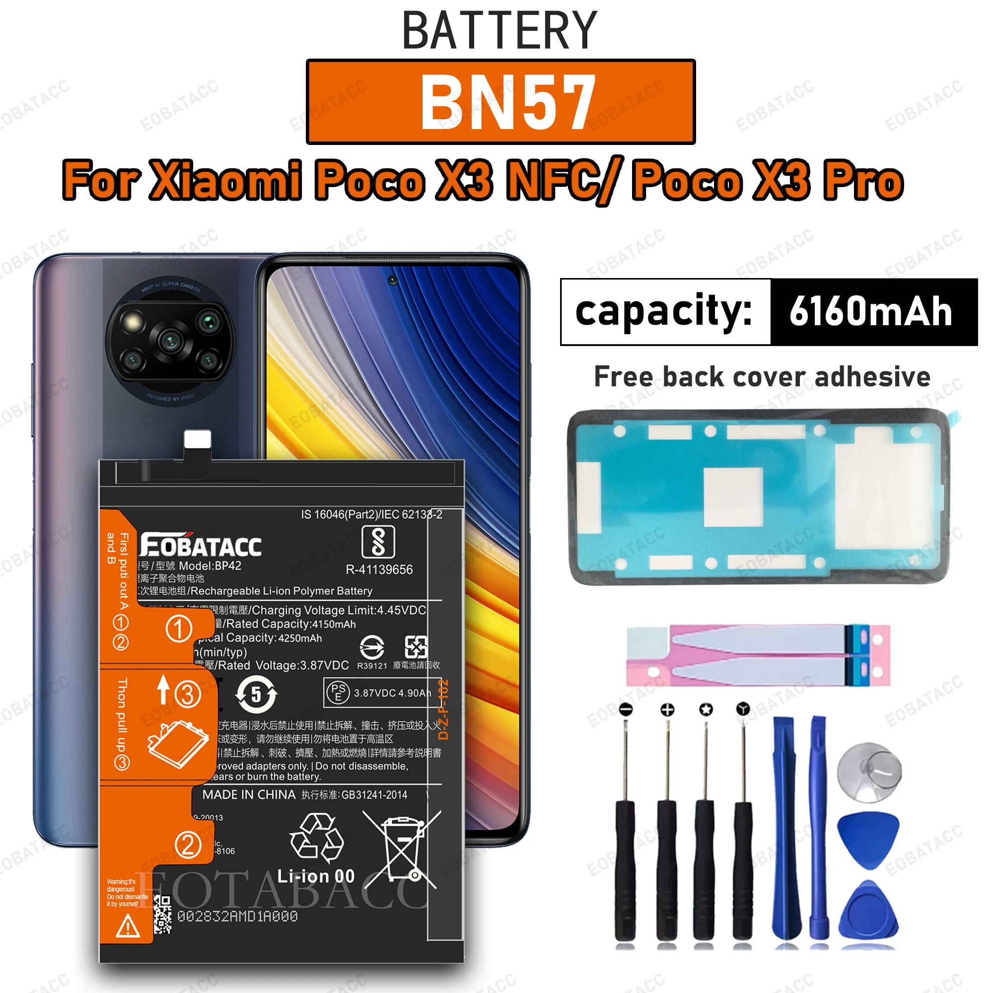 

100% новый высококачественный аккумулятор BN57 6160 мАч для Xiaomi Poco X3 Pro/Poco X3 NFC + бесплатные инструменты
