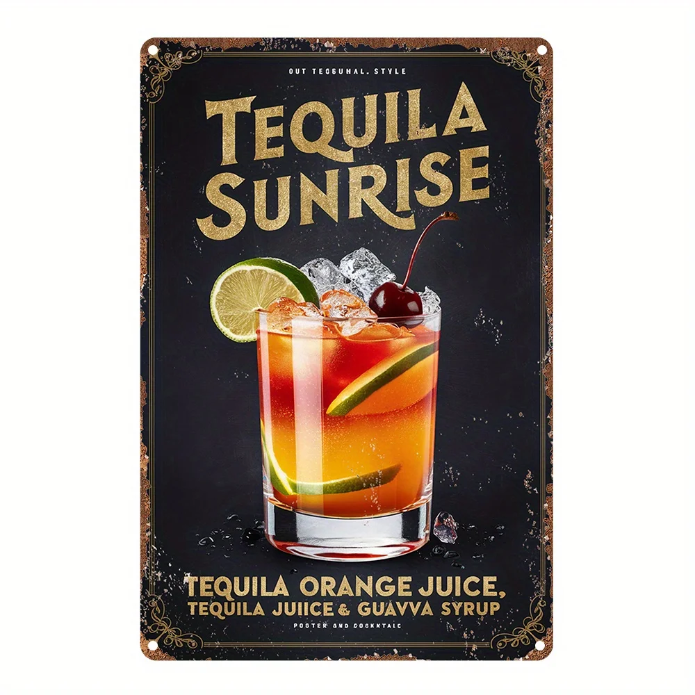 Letrero artístico de pared de aluminio de estilo vintage, lata de metal para receta de cóctel "Tequila Sunrise" con diseño de cola de gallo, agujeros preperforados