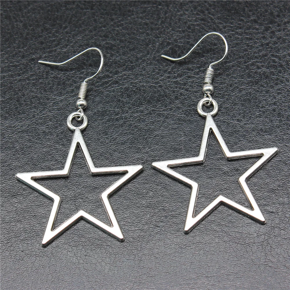 Fashion Handmade Simple Design Antique Silver Color Hollow Star Pendant Earrings Women Vintage Drop Earrings