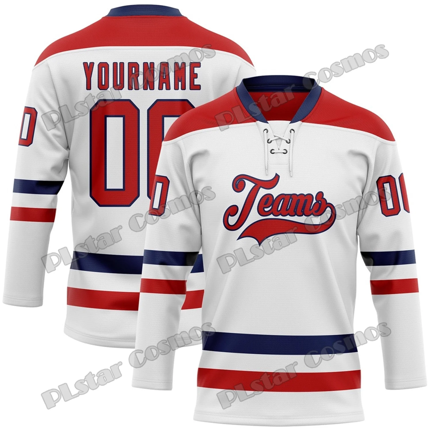 Custom Name 3D Printed Men's Hockey Jersey White Red Navy Lace Neck Unisex Casual Sweatshirt Fashion Summer BQ-37