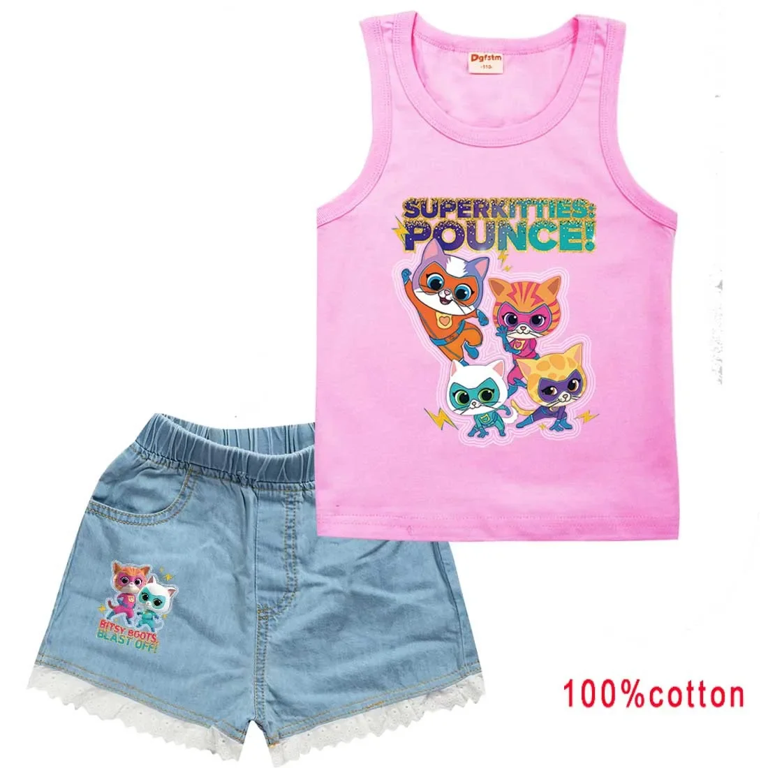 SuperKitties Kids Cartoon Super Cats Clothes Toddler Girls Casual Outfits Children Sleeveless T-shirts + Denim Shorts 2pcs Sets