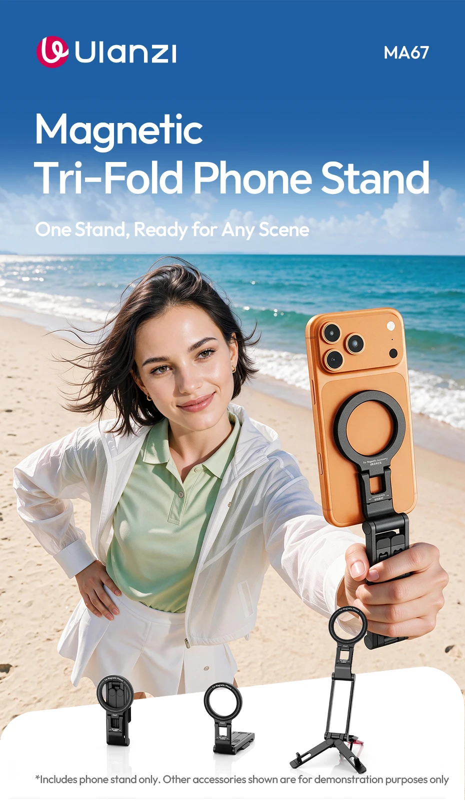 Ulanzi MA67 Overhead-Selfie-Stick mit Griff, magnetischer dreifach faltbarer Handyhalter für iPhone 17, 16, 15, Xiaomi, Huawei, für Vlog-Videos – Detail 1