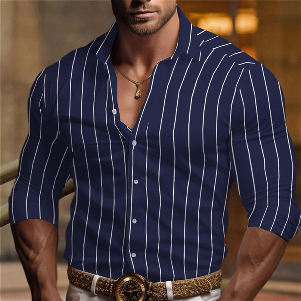 New men\'s long sleeved button up shirt, solid color striped printed shirt, soft and comfortable muscular men\'s shirt, plus size