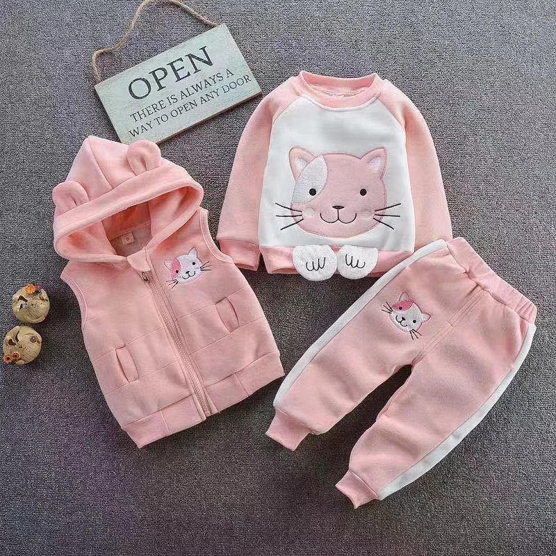 Boys and Girls Autumn and Winter New Cat Printed Cartoon Cute and Thick Velvet Fashion Warm 3-Piece Set for 0-3 Years