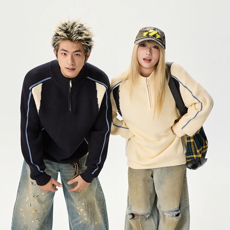 

Пара уличных альпинистских пеших прогулок, простой натуральный свитер с капюшоном на половину молнии, свободный удобный модный универсальный вязаный топ