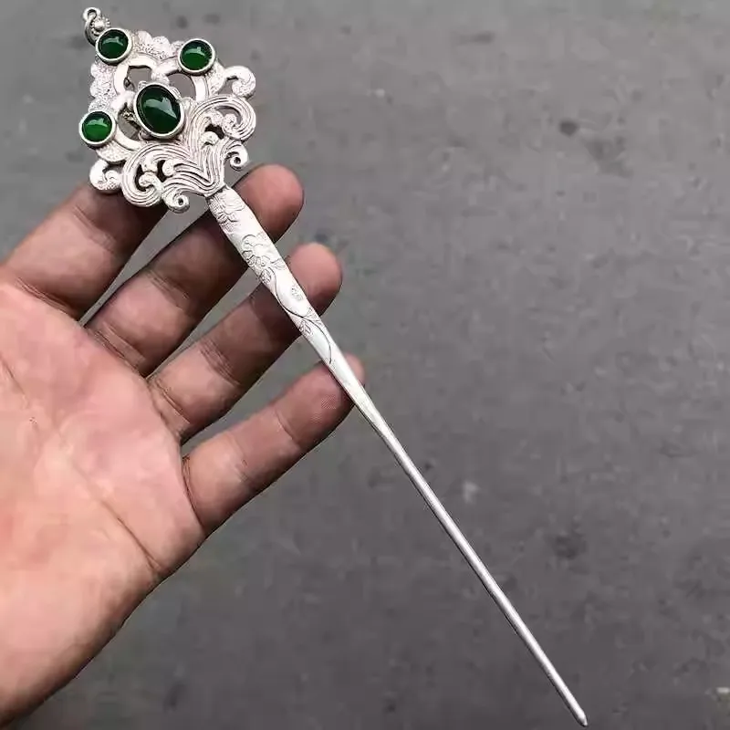Green Jade Beads Inlaid Old Tibetan Silver Hairpin,Chinese Old Craft Made
