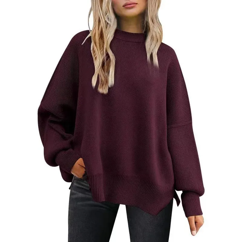 Sweater Women's Crewneck Long Sleeve Sweater Knitted Side Vented Pullover Blusas Femininas Tendencia Inverno Sweater De Mujer