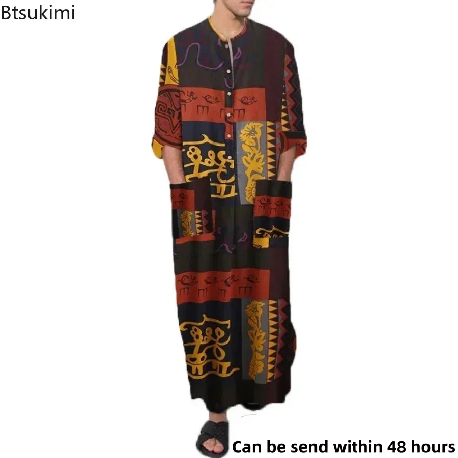 Nuevo 2024 Vintage hombres islámico árabe Jubba Thobe manga larga bolsillos sólidos batas hombres Arabia Saudita Abaya vestido musulmán Kaftan