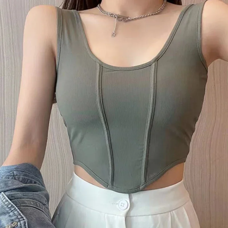 

2024 New Women Cotton Solid Tank Tops with Bra Pad Y2K Sports Crop Tops Knit Irregular Hem Camis Tops for Women Summer