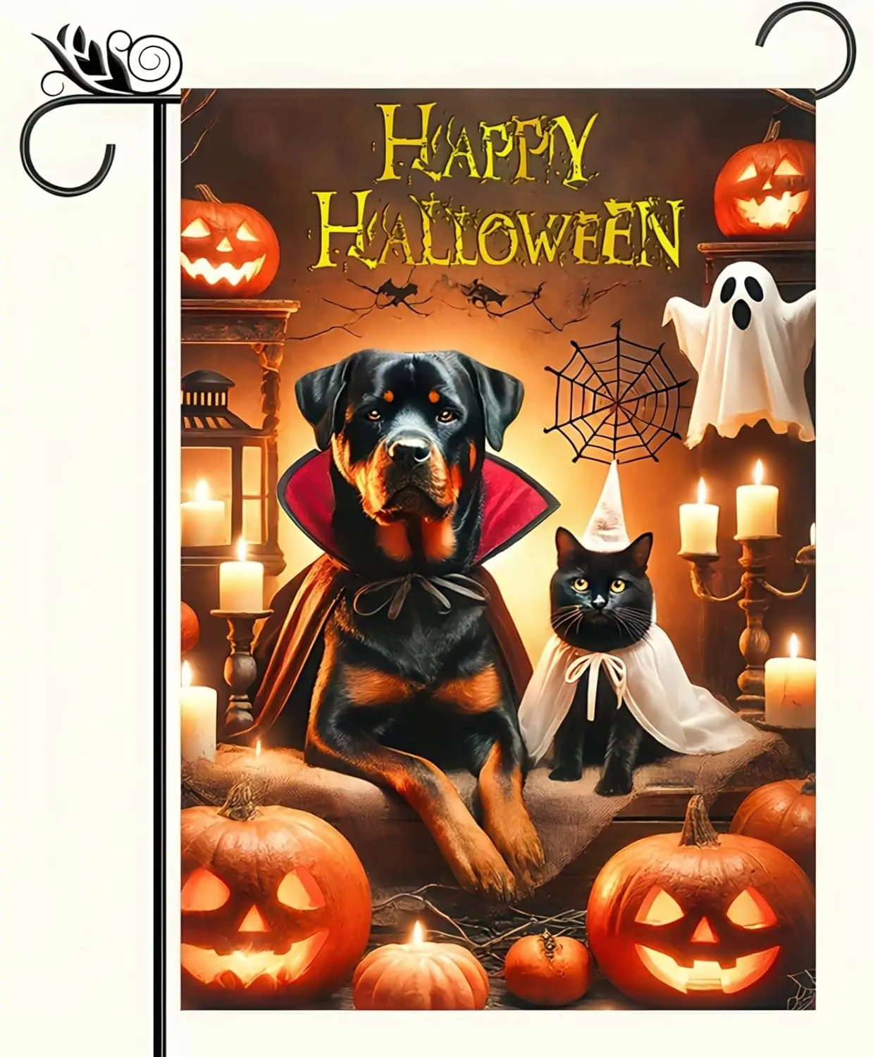 Happy Halloween Garden Flag Double Sided 12x18 Flag Halloween Cat Dog Ghosts Pumpkins Garden Flag Holiday Decoration Rottweiler