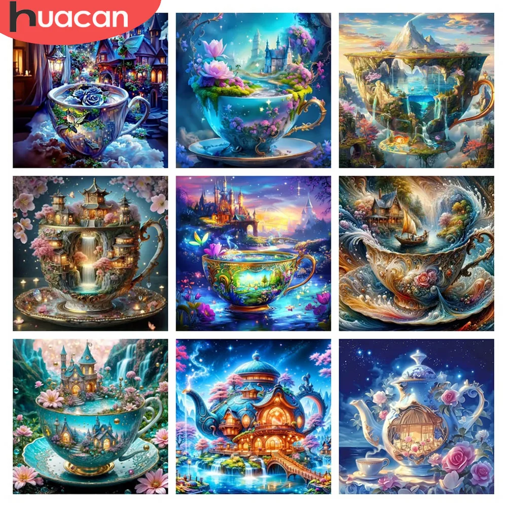 HUACAN Diamond Mosaic Cup Landscape Fantasy Full Drill Diamond Painting Castle Square Round Drill Rhinestones Picture For Home