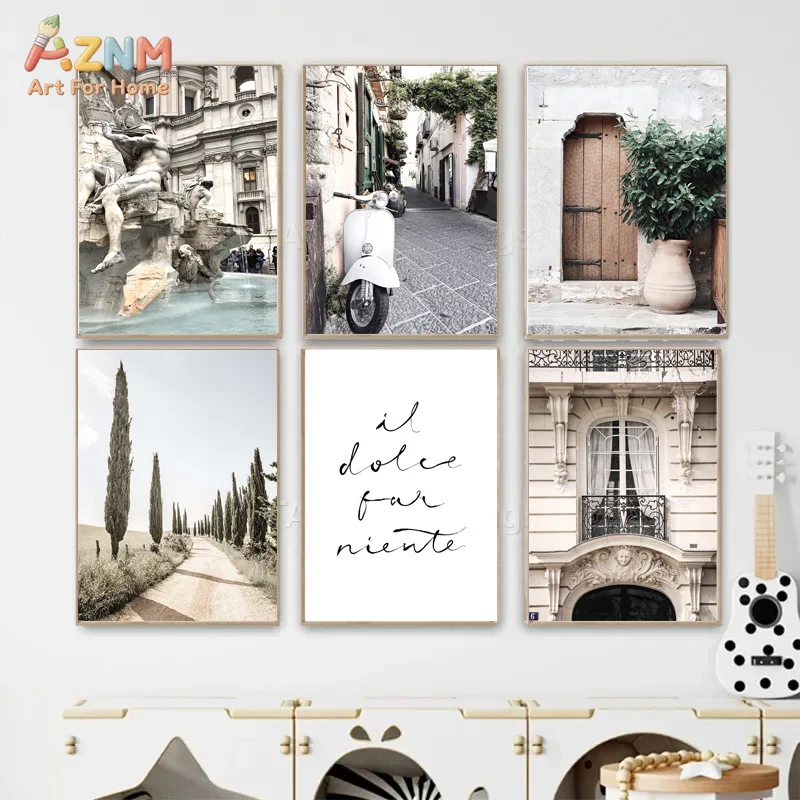 AZNM Vintage Italy Cityscape Canvas Wall Art Rome Architecture European Street View Handwritten Script Text Neutral Tone Scenery