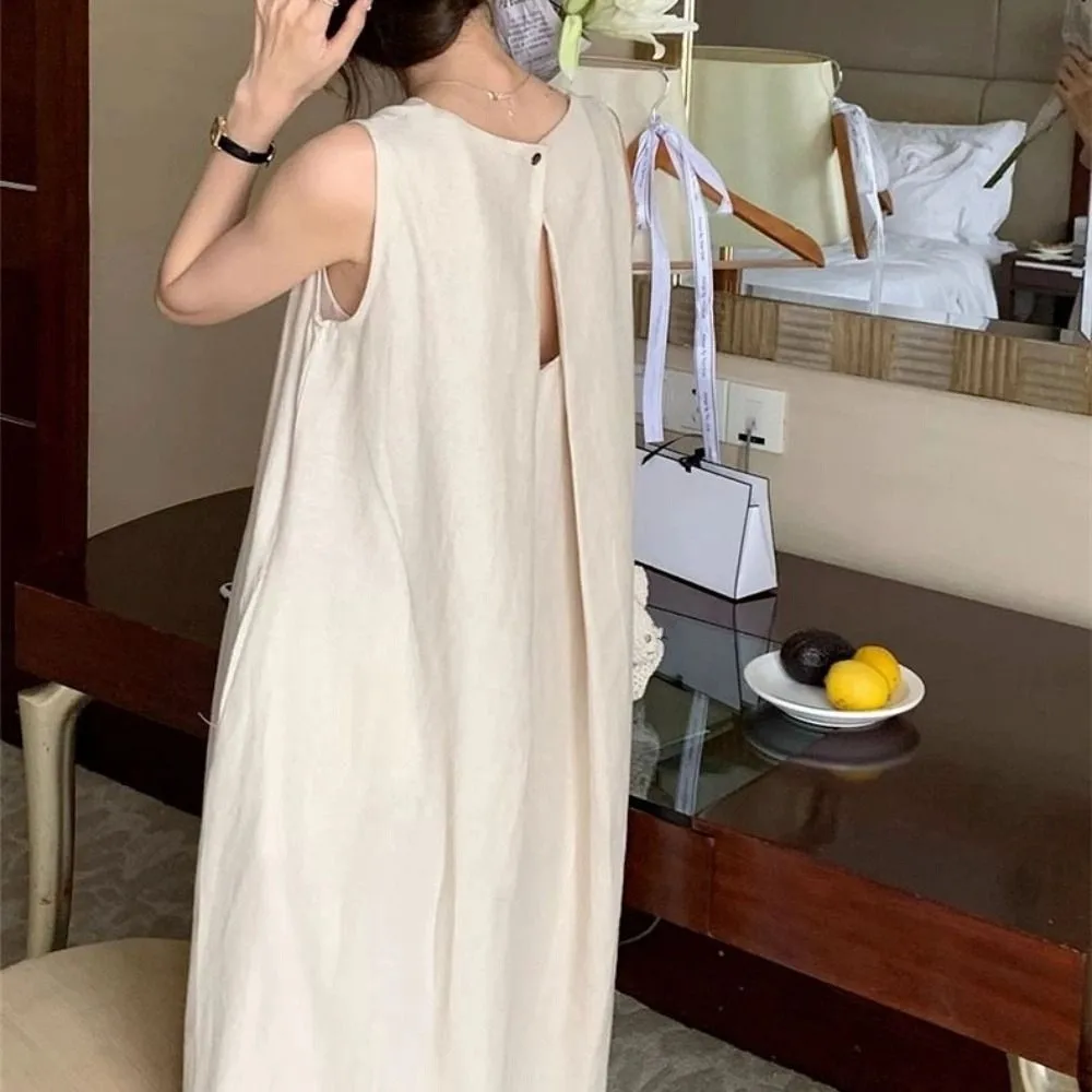 

Solid Summer Sleeveless Dress Hollowed Out Round Neck Vocation Vest Dresses Simple Beachwear Open Back Long Dress Students