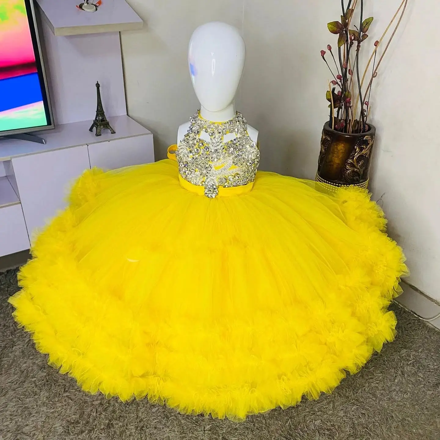 Yellow Kids Birthday Dresses Customized High Neck Beading Flower Girl Dresses for Wedding Party Baby Girls Prom Gowns