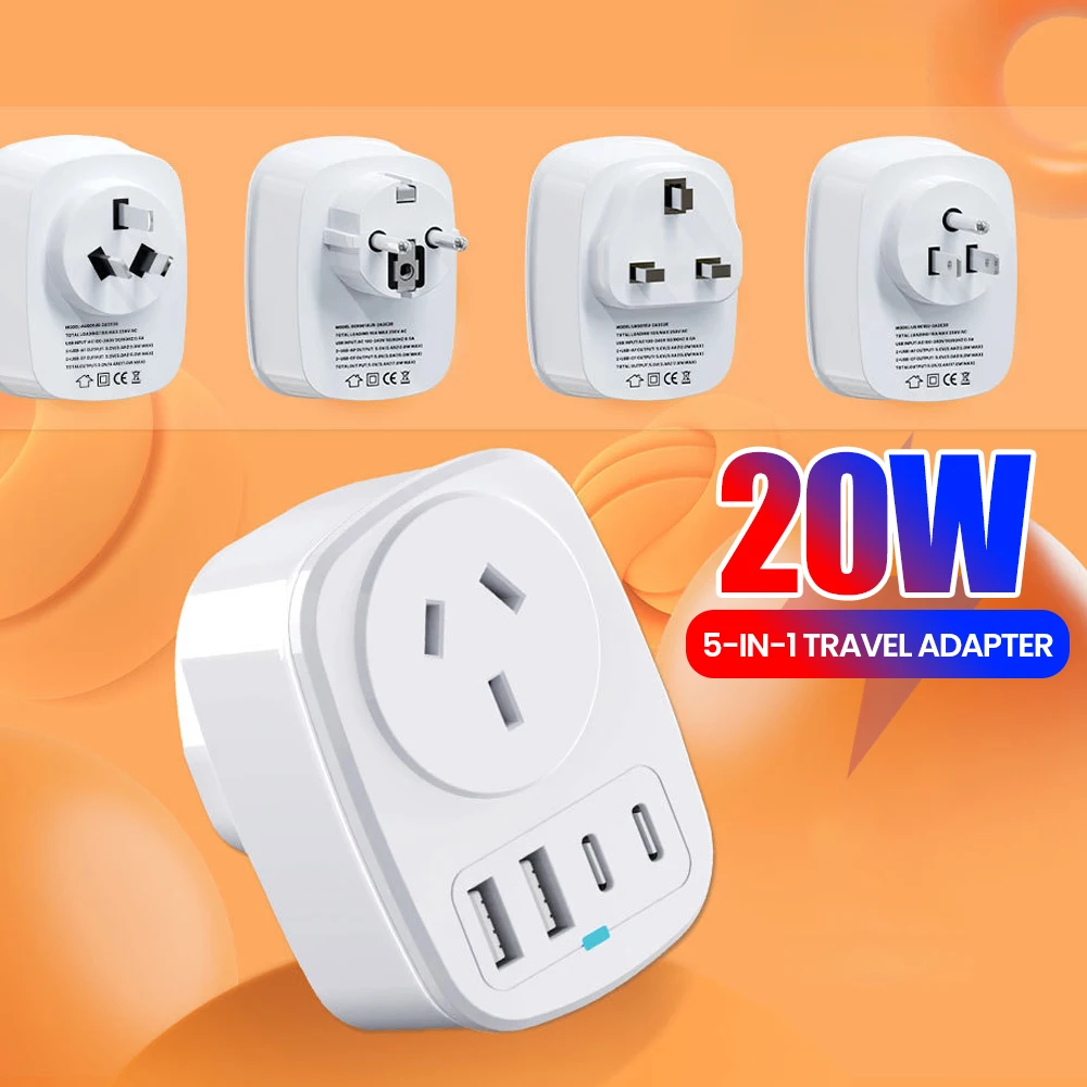 

20W Universal Travel Adapter AU to EU US UK Plug with USB Port Type C PD Fast Charging Wall Charger for Worldwide Adaptor