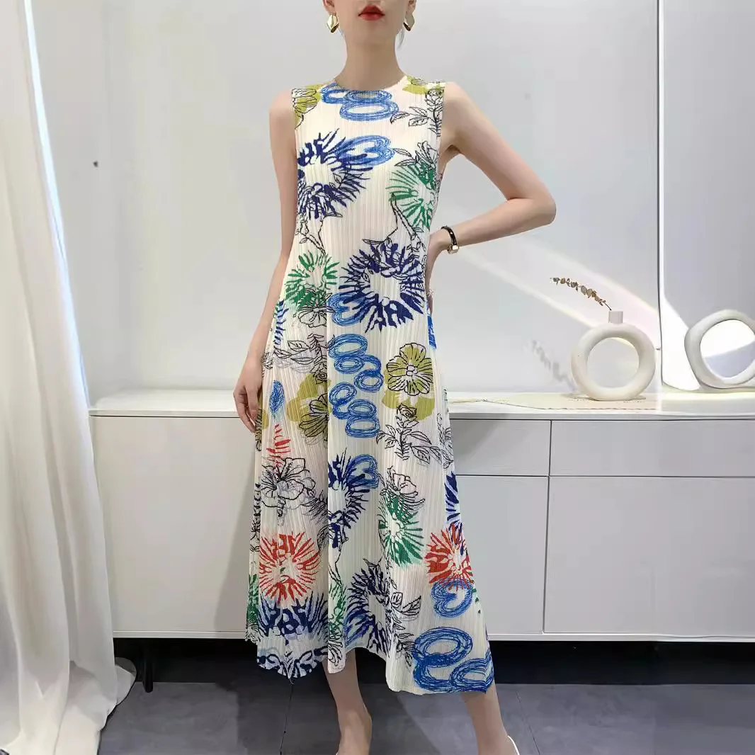 

Elegant Dresses Women, High-end Dress with Miyake Pleats, Fashionable Print, Loose Large-sized, Fashionable Mid-length,2024 New