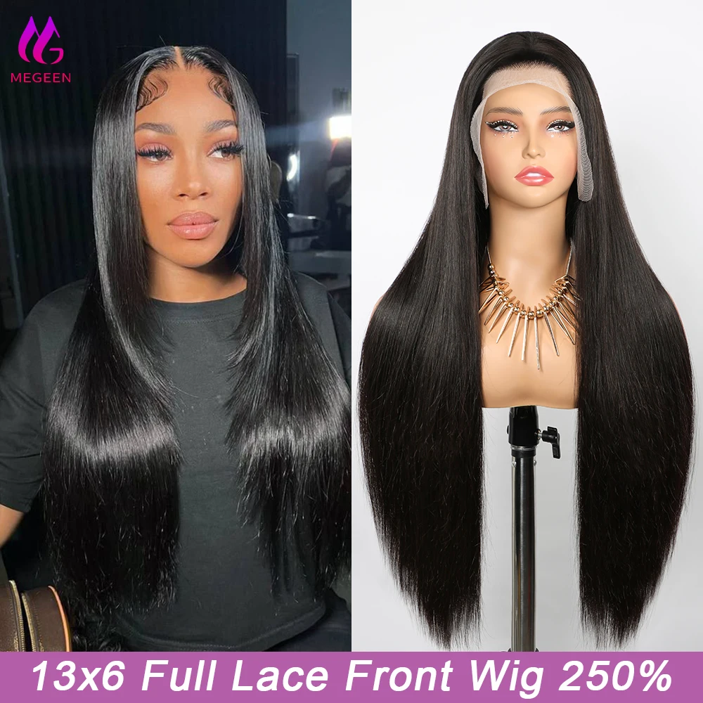 Megeen 250% densità capelli umani birmani 13 x6 parrucche anteriori in pizzo pieno dritto HD parrucche frontali in pizzo trasparente parte profonda capelli Virign