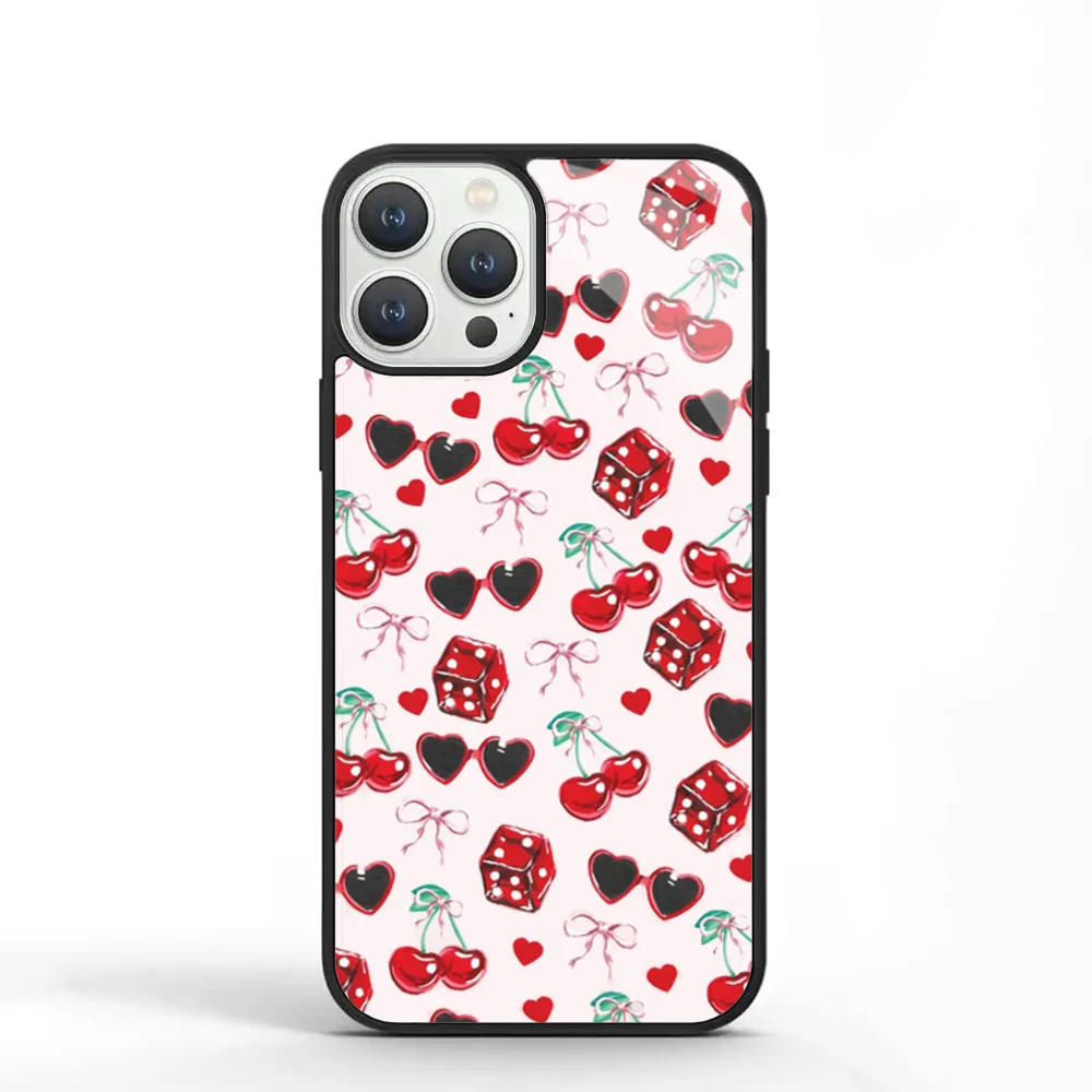 Cherries Hearts Dice Bows Phone Case For IPhone 11 12 13 14 15 Plus Pro Max Mirror Acrylic PC TPU Cover