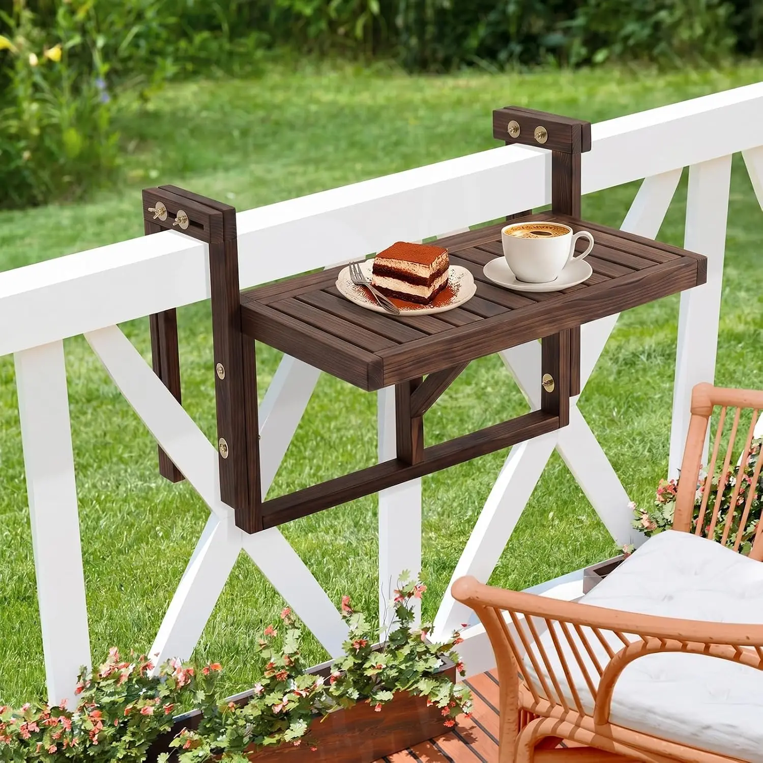 22in Acacia Wood Folding Balcony Hanging Table – Adjustable Height & Width, Balcony Railing Table Ideal for Different Railing Widths, Perfect for Balcony, Patio, Rectangular,Carbonized Color