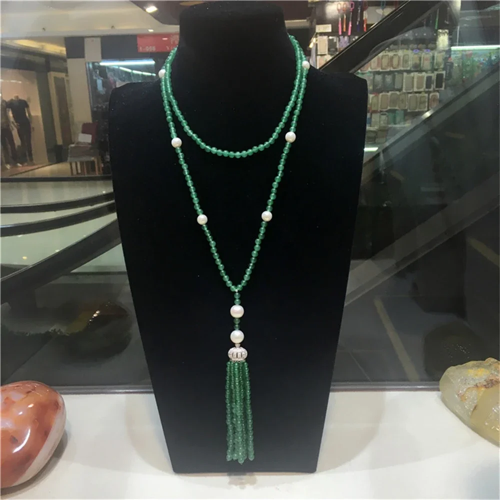 

Hand knotted long natural green jade white freshwater pearl micro inlay zircon clasp tassel necklace 85-90cm