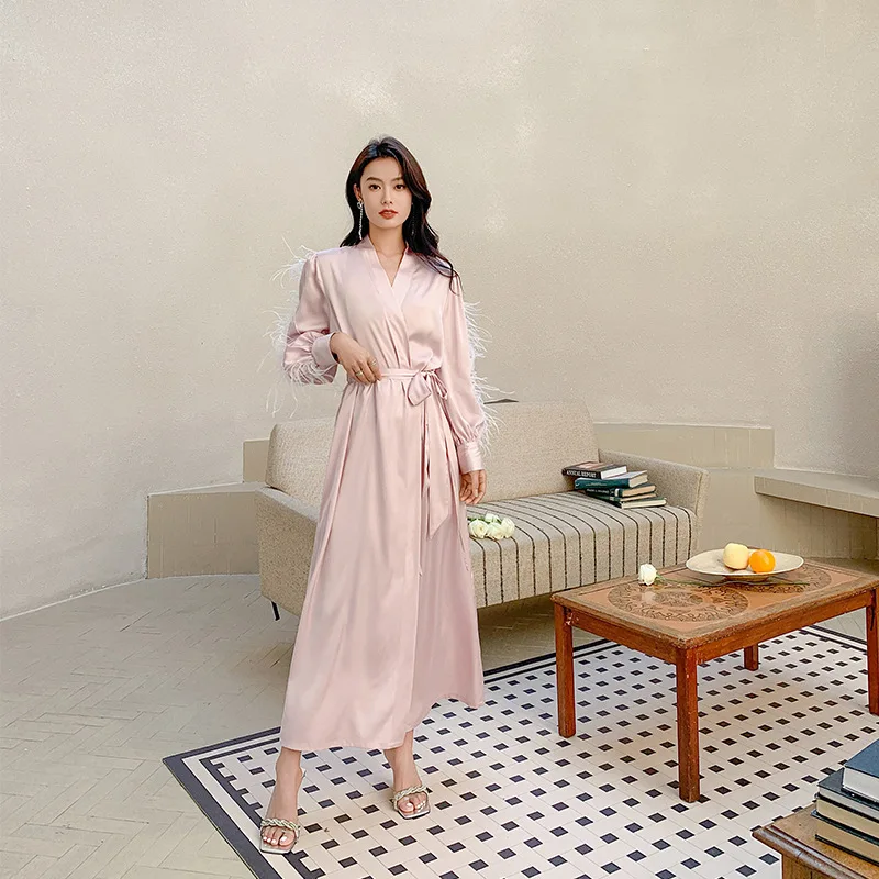 

Women Satin Night Robe French Sexy Lingerie Feather Sleepwear Nightgown Pink Bathrobe Pajamas