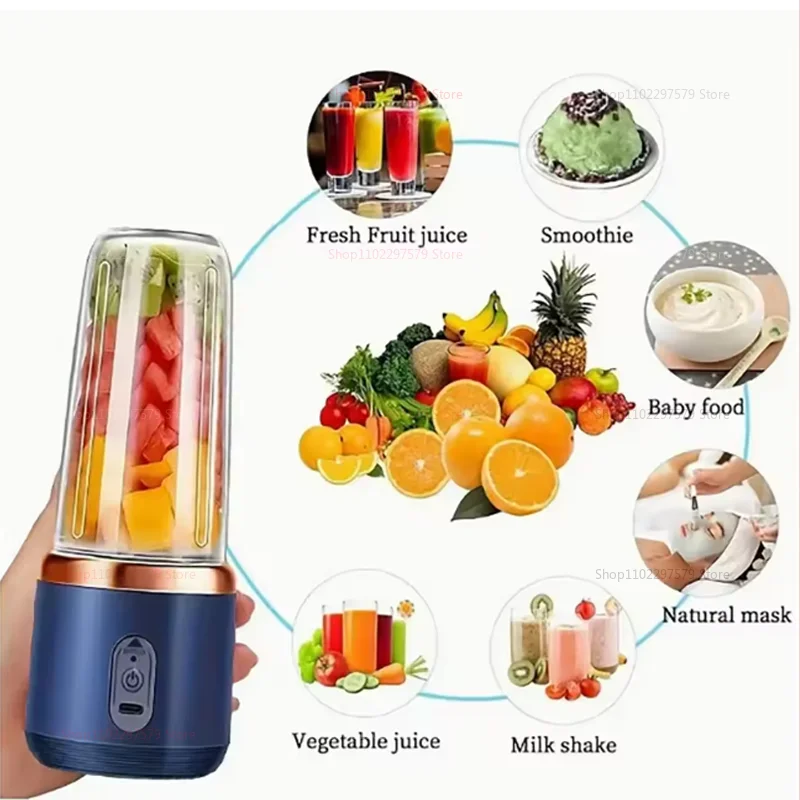 6 Blades 400ml Portable Double Cup Juicer Mixer USB Rechargeable 6 Blade Juice Extractor For Fresh Lemon Orange Smoothie