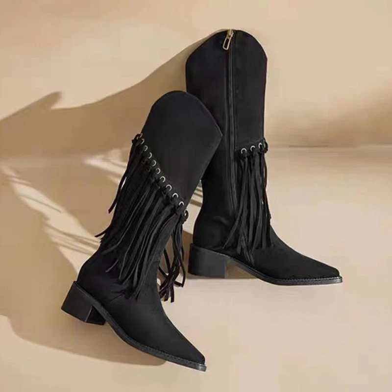 

Fringe Women Knee High Heels Boots Pointed Toe Shoes Winter 2025 Designer Brand Suede Woman Boots Casual Chunky Shoes De Mujer