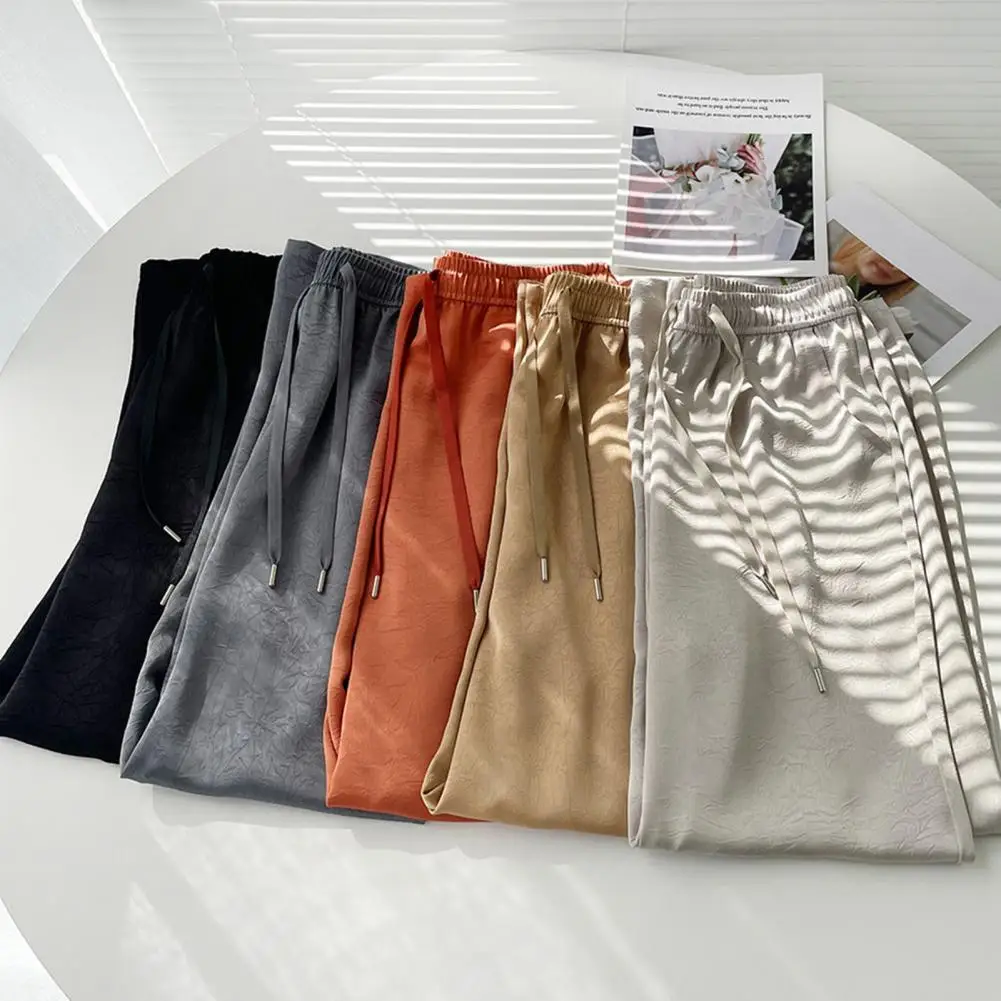 Long Trousers Stylish Women's Elastic Waist Pants Solid Color Straight Wide-leg Trousers for Casual Work Adjustable Drawstring