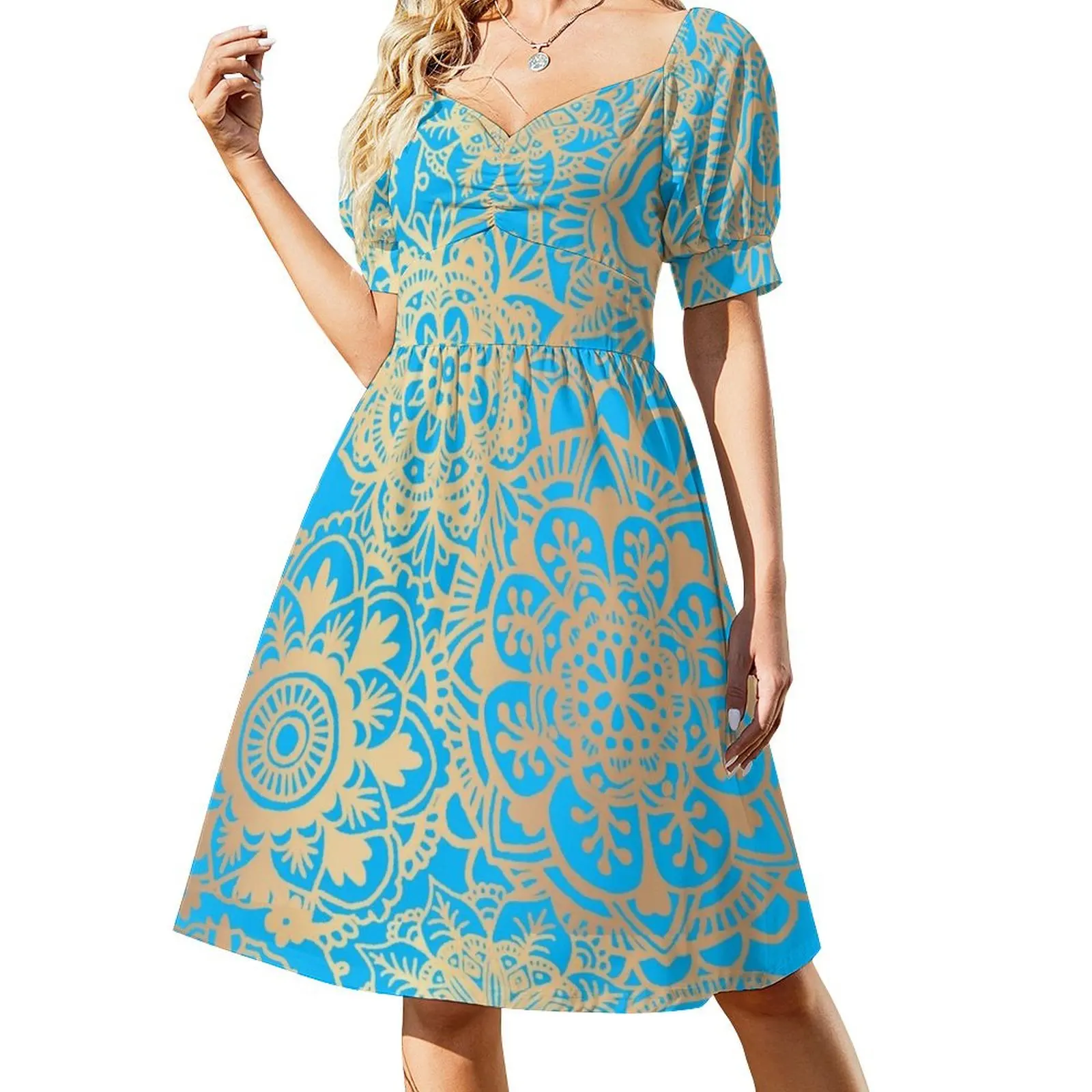 

Light Blue and Gold Mandala Pattern Short Sleeved Dress Long dresses women dress Dress