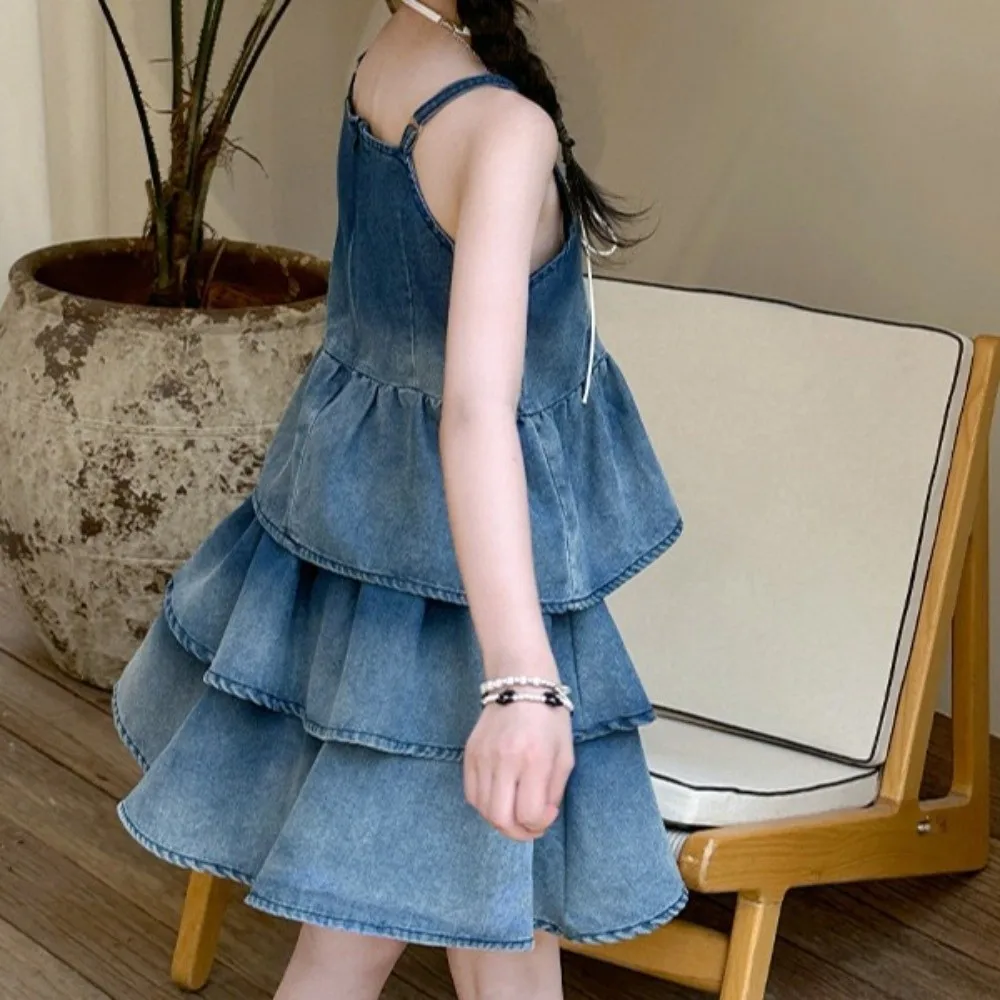 

Детское джинсовое платье без рукавов на бретельках для девочек, праздничное, в ковбойском стиле, с оборками, градиентное, пышное, повседневное