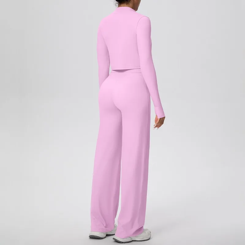 طقم يوجا للسفع الرملي بلون سادة للنساء، سترة ضيقة على شكل حرف I، ساق واسعة، طقم مكون من ثلاث قطع، طقم رياضي للجري واللياقة البدنية #4