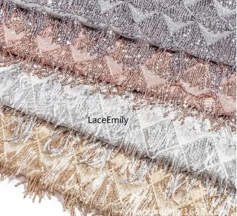 

Silver gold Sequin Fringe Lace Fabric Sequin flower tassel Tulle Fabric for Wedding dress , Party Dress, Tutu Dress, Prom Gown