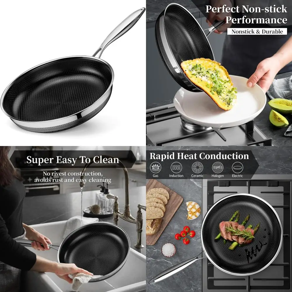 

11 Inch Titanium Ceramic Nonstick Frying Pan, Hybrid Tri-Ply, Honeycomb Pattern, Kitchen Cooking Essential