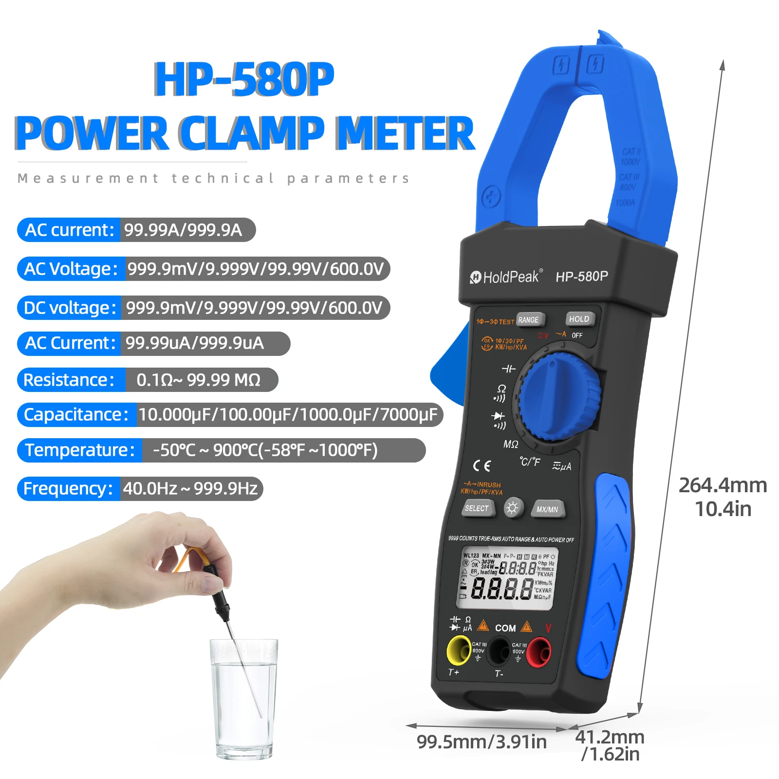 Multimètre de compteur de puissance triphasé, 9999 points, courant de pointe, True RMS,ACV,ACA,KW,KVA, pour Hylique, HOLDPEAK HP-580P