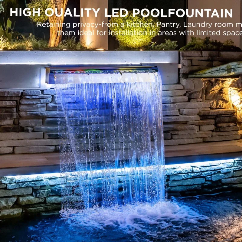 Outdoor Garden Stainless Steel Waterfall Fountain With Multicolor LED Lights For Courtyard Pool And Landscape Decor