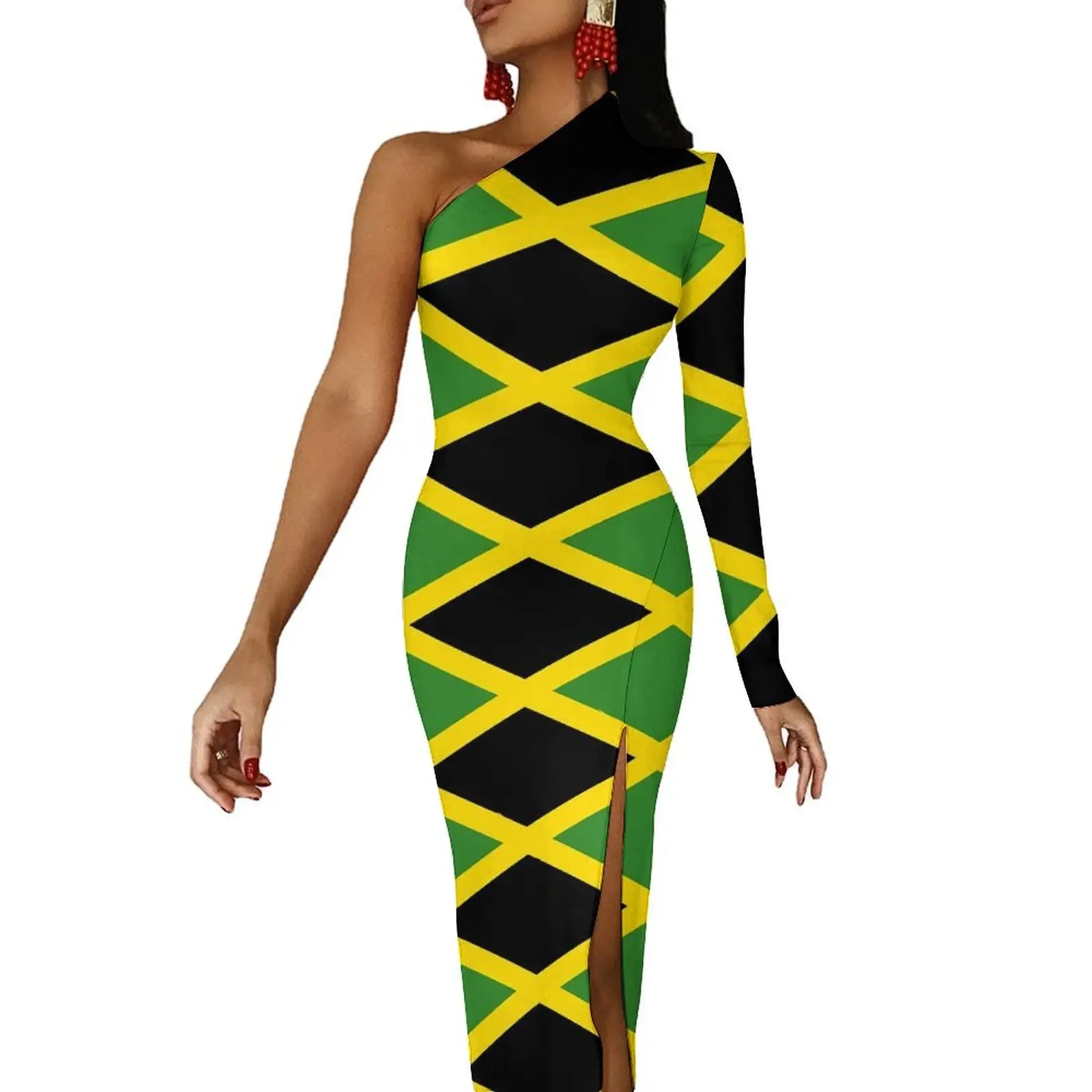 Jamaican Flag Long Dress Female Love for Jamaica Aesthetic Maxi Dress Autumn Elegant Bodycon Dresses High Slit Design Vestidos