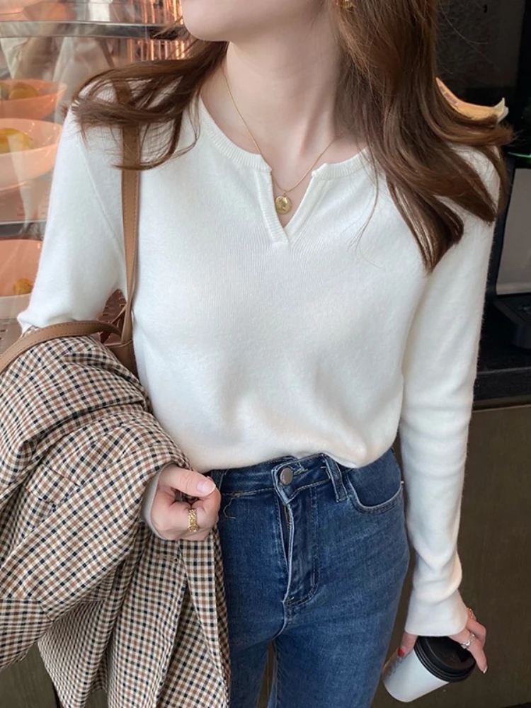 

Элегантные однотонные пуловеры с v-образным вырезом, женские повседневные тонкие универсальные топы с длинными рукавами, осенне-зимний модный вязаный свитер, женская одежда