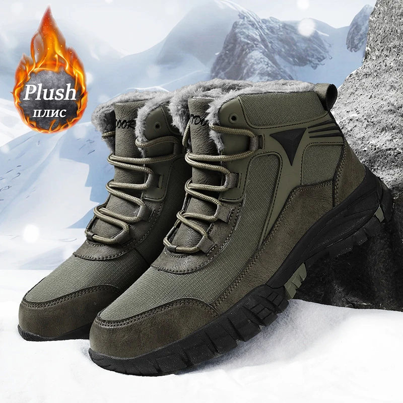 Mens Climbing Boots Upper Waterproof Leather Shoes Man Trekking Warm Snow Boot Winter Plush High Quality Non-Slip Sneakers 39-47