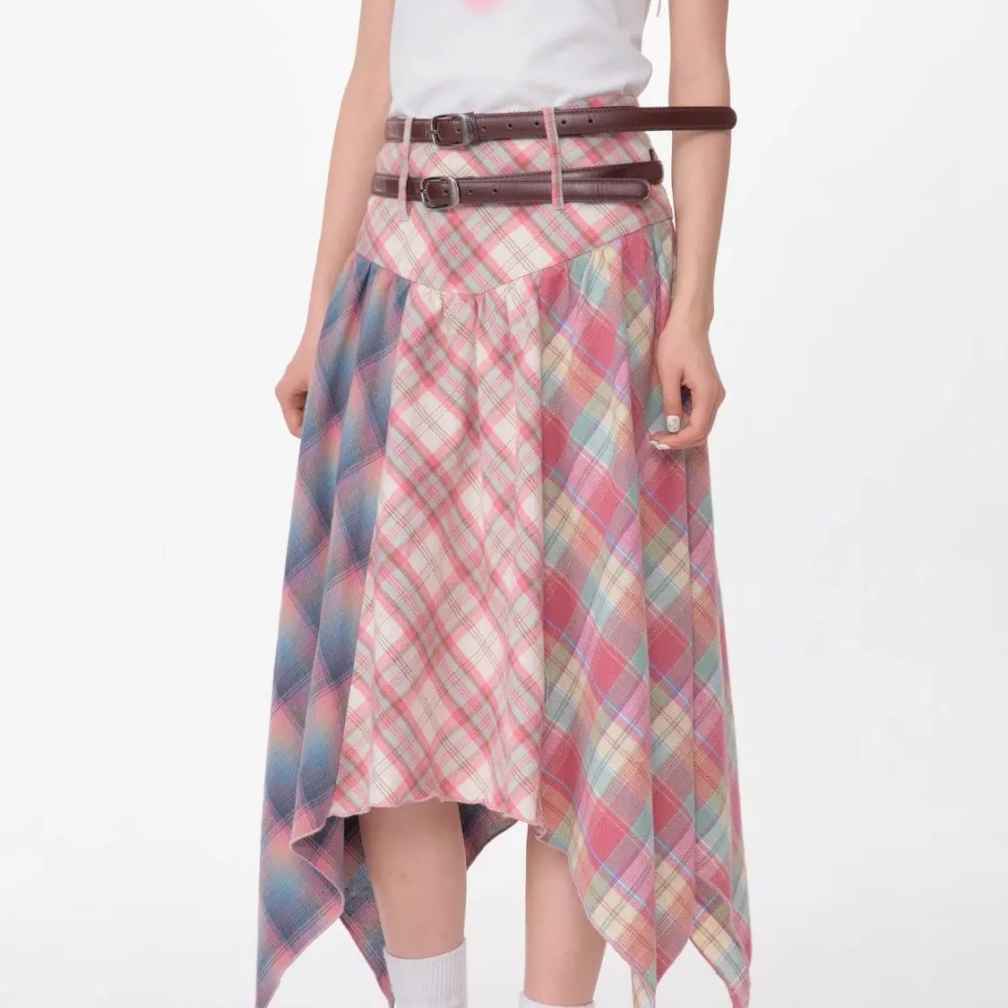 

retro colored plaid skirt for women's summer new college style slimming high waisted A-line wrapped hip skirt