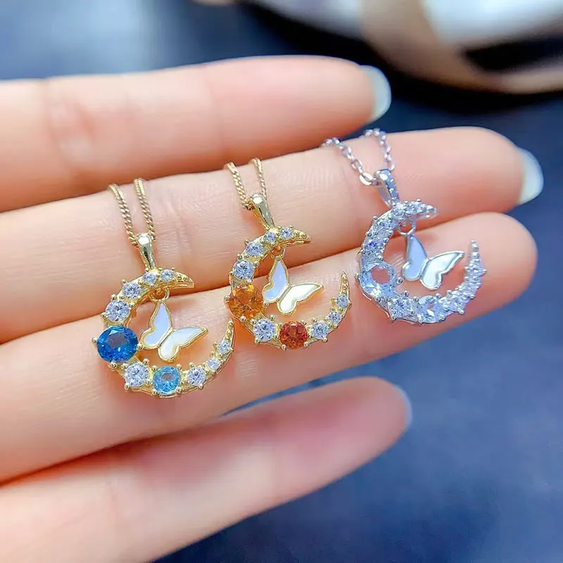 

Cute 925 Silver Moon Pendant 3mm 4mm Natural Citrine Topaz Necklace Pendant with 45cm Silver Necklace
