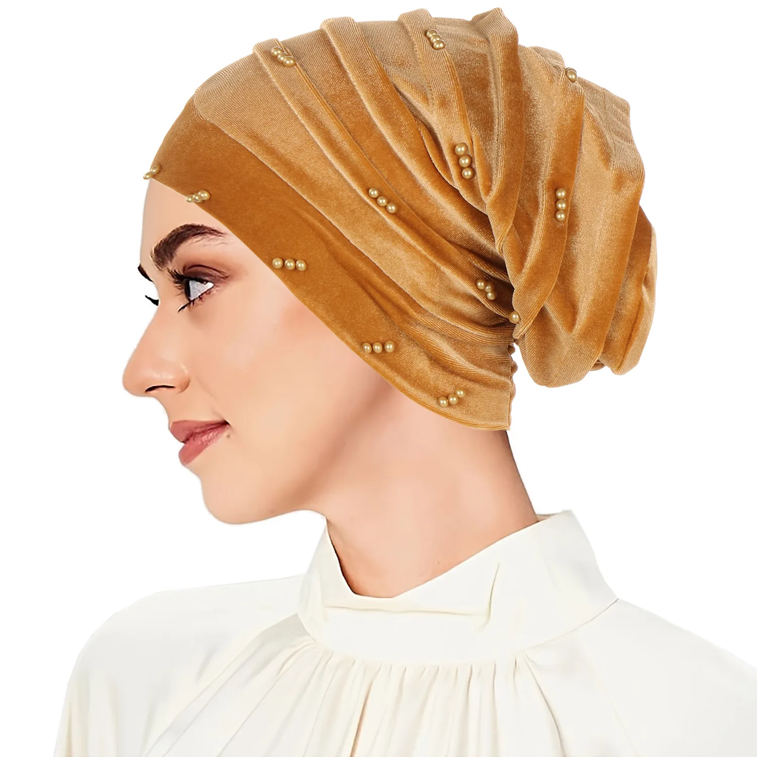 1PC Solid Or Multicolor Women's Crossed Turban Cap With Velvet & Bead Decoration, Muslim Hijab Cap