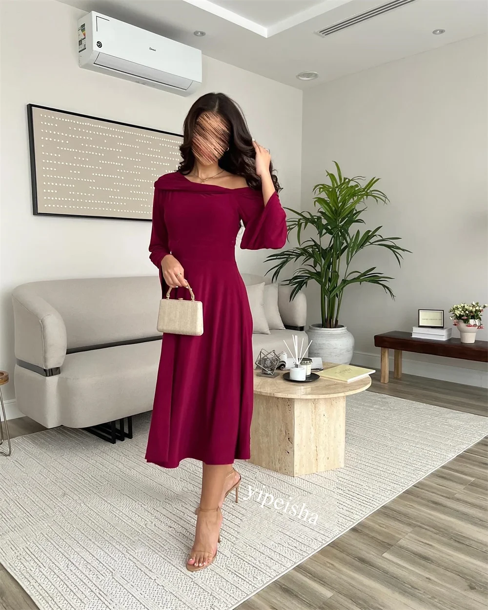 Robe de Fiançailles en Jersey Froncé, Ligne A, Asymétrique, Épaule Dénudée, Sur Mesure, Midi, Arabie Saoudite