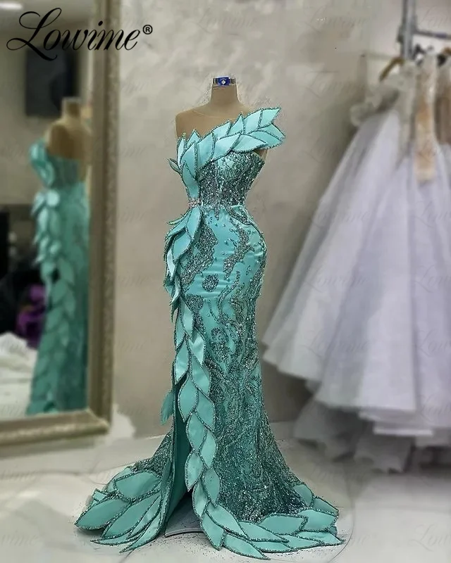 Vestido longo árabe de baile de sereia, vestidos frisados com cristais Aso Ebi, vestidos de noivado, Lowime, Dubai, 2023